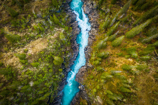 Fototapete -  - Aerial Vertical View Over The Surface Of A Mountain River Glomaga, Marmorslottet , Mo i Rana