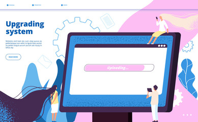 Upgrading system. Upgrade systems website update computer laptop software pc maintenance vector landing page with tiny guy. Illustration of upgrade program, progress of installation software