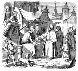 Medieval city scene, a jude merchant traveler at the money exchange stall