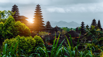 Amazing sunset at Pura Besakih, hindu temple of Bali, Indonesia