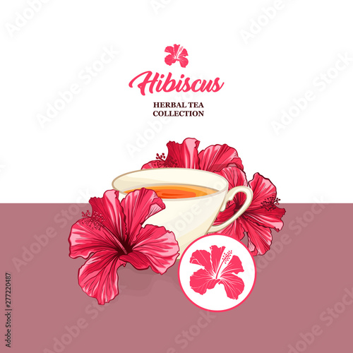 Tea Card with Hawaiian Hibiscus Red Fragrance Flower. Bright Green Leaves Vec...