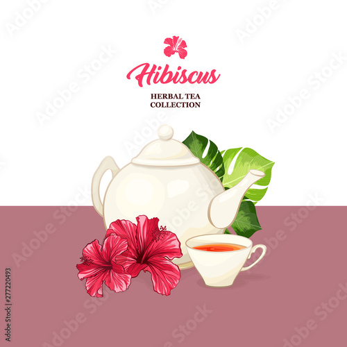 Tea Card with Hawaiian Hibiscus Red Fragrance Flower. Bright Green Leaves Vec...