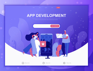 App Development flat concept vector illustration template for website and mobile app development. Flat landing page template. Decorated cartoon people for web page or homepage.
