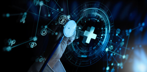 Wall Mural - Doctor hand with stethoscope and Ui icon medical in hospital with medical technology network concept.