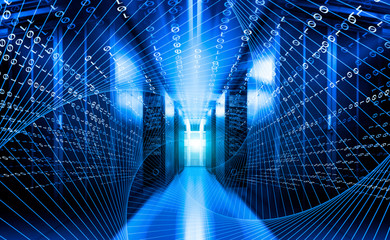 High speed with binary code numbers on motion blurred path or track in server data center, speed and faster digital matrix technology information concept.