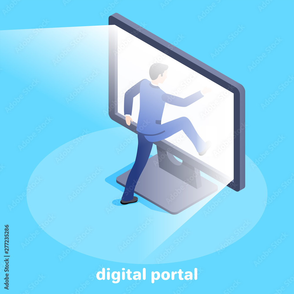 Isometric vector image on a blue background, a man in a business suit enters a glowing computer screen, a digital portal and access to the Internet - obrazy, fototapety, plakaty 