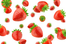 Falling Strawberry Isolated On White Background, Selective Focus
