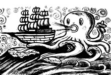 Octopus Take A Ship In Tentacles, Fairy Tale, Coloring Page