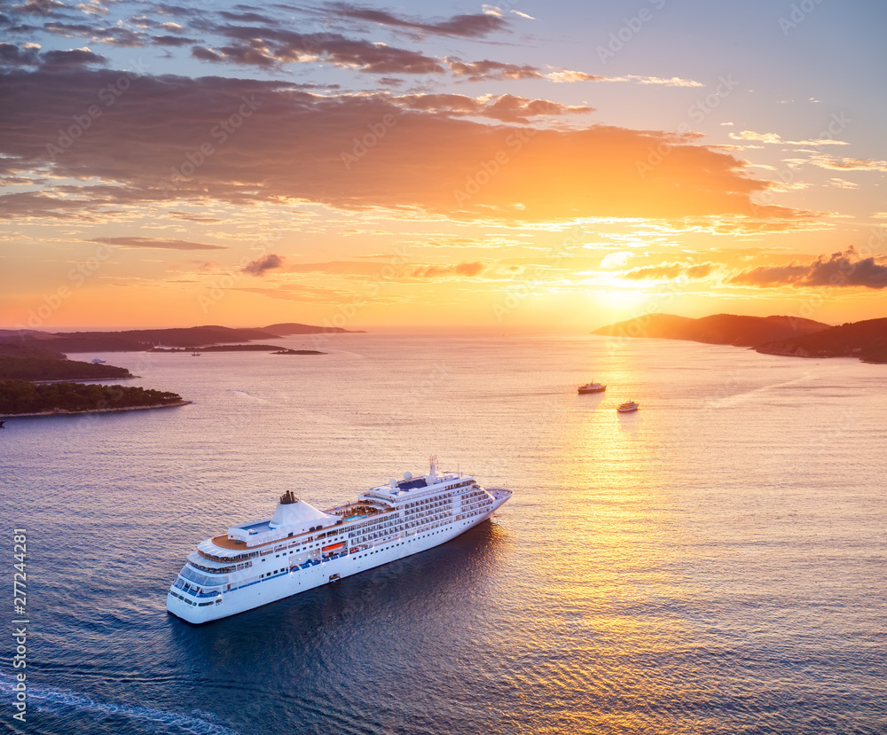 Croatia. Aerial view at the cruise ship during sunset. Adventure and travel.  Landscape with cruise liner on Adriatic sea. Luxury cruise. Travel - image - obrazy, fototapety, plakaty 