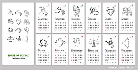 Wall Mural - Creative wall calendar 2020 with horoscope zodiac symbols set. Weeks starts sunday, editable vector. Can be used for web, print, card, poster, banner, bookmarks. Classic grid, english language.