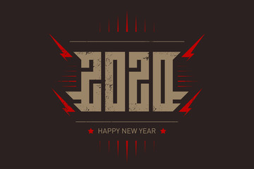 Wall Mural - Happy New Year 2020 - music poster with stylized inscription, red lightnings and star. T-shirt apparels cool print with inscription. 20 20 - t-shirt design. Vector.