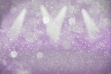 purple beautiful glossy glitter lights defocused stage spotlights bokeh abstract background with sparks fly, festal mockup texture with blank space for your content