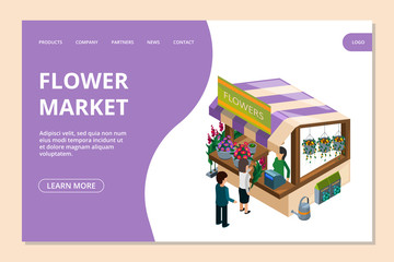 Sticker - Flower market landing page template. Isometric flowers, counter, people vector illustration. Bouquet service and florist store, seller and customer