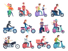 Motorcycle Riders. Male And Female Drivers In Helmet On Bike Fast Courier Characters Vector Pictures Collection. Motorcycle Driver Courier, Bike Scooter Delivery, Moped Deliver Illustration
