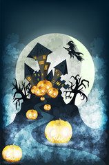 Vector image with a house in the form of a castle and pumpkins around . From a series of illustrations for Halloween