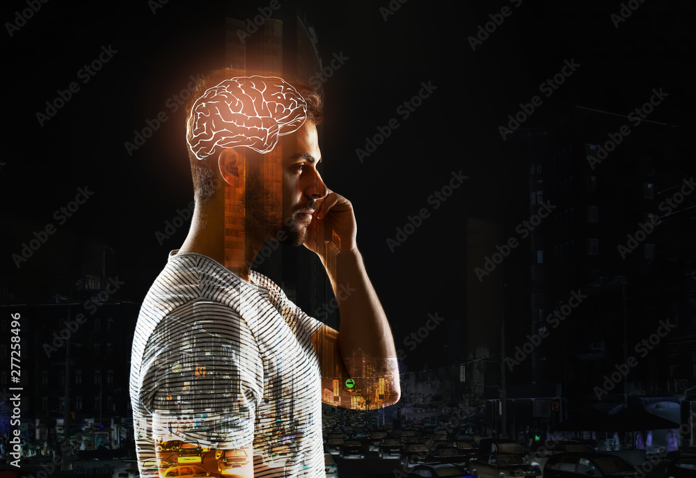 Double exposure of man with glowing brain and city - obrazy, fototapety, plakaty 