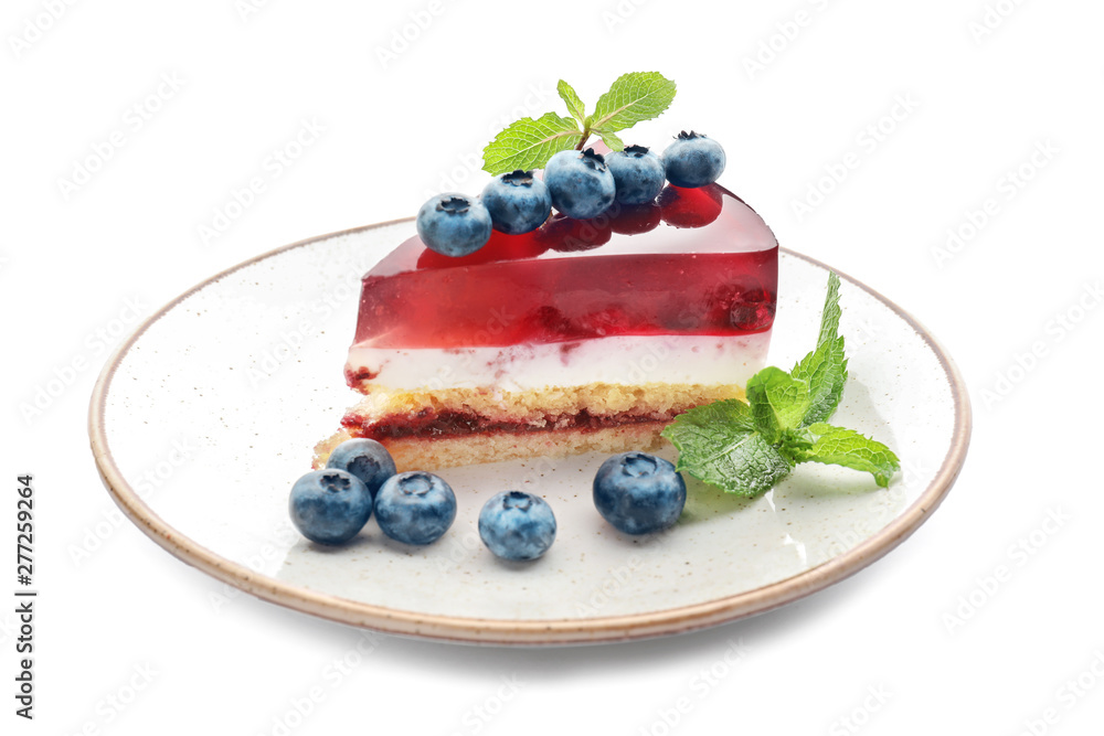 Tasty blueberry cheesecake on white background