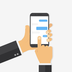 Wall Mural - hand holding smartphone with chat application and finger touching screen device. chat or notificatio