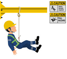 An Industrial Worker With Safety Harness Is Working At Height