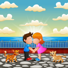 Wall Mural - Illustration of Couple cartoon kissing on the bridge