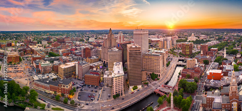 Aerial panorama of Providence skyline at sunset. Providence is the capital ci...