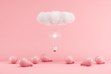 Lightbulb floating with cloud above pink lightbulbs on pink background. minimal creative idea concept. 3D render.