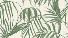 Floral Seamless Pattern, Green Bamboo Palm Leaves On Light Brown Background, Pastel Vintage Theme