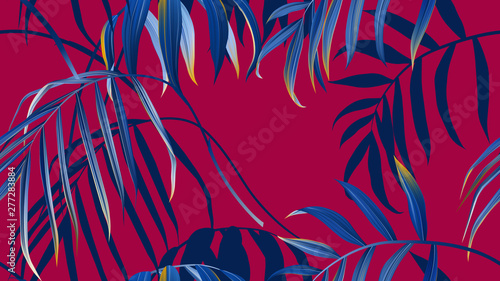 Floral seamless pattern, blue bamboo palm leaves on red background, pastel vi...