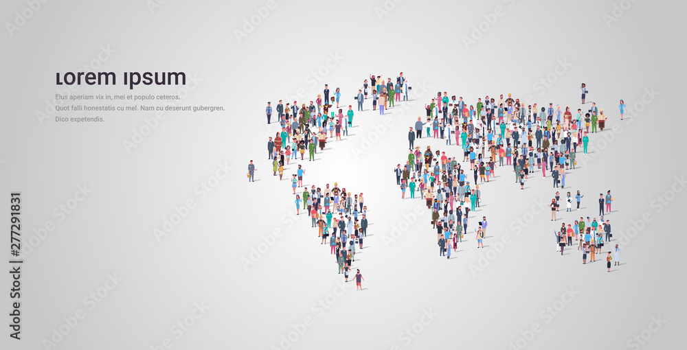 people crowd gathering in world map icon shape social media community travel concept different occupation employees group standing together full length horizontal copy space - obrazy, fototapety, plakaty 