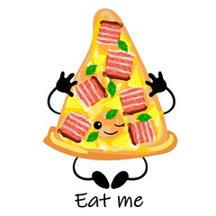 Wall Mural - pizza is a cute character with a face. Slice pizza on a plate. Yellow background. For your company, pizzeria, restaurant logo for decorating the menu and cards.