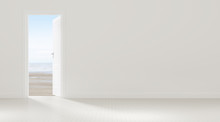 Mock-up Of White Door Opening To The  Sea View Background,Idea Of Vacation,freedom - 3D Rendering.