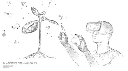 DNA evolution modern engineering technology. Augmented reality helmet vr glasses. Ecology nature gene innovation concept. GMO gene engineering plant organic science medical vector illustration