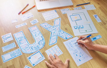 ux designer creative prototype Graphic planning application development for web mobile phone . User experience concept.