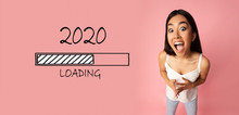 2020 Loading, Emotional Asian Girl Shouting On Pink Background