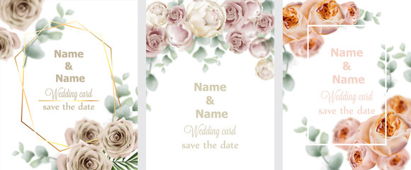 Wall Mural - Wedding cards set with watercolor roses Vector. Vintage decor design frames, soft light colors