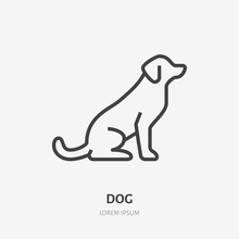 Sitting Dog Flat Line Icon. Vector Thin Sign Of Black Puppy, Animal Logo. Pet Shop Outline Illustration