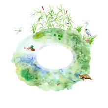 Watercolor Frame On The Theme Of Lake, Pond, Swamp