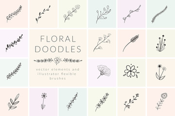 Wall Mural - Vector Hand Drawn Doodle Florals, Plants, Branches, Laurels, Flowers. Design Elements Illustration Collection, Flexible Art Brushes