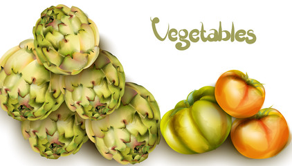 Wall Mural - Artichokes and green tomatoes Vector watercolor. Grocery harvest fresh organic. poster sticker advertises