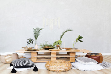 beautiful interior of the living room in the style of boho