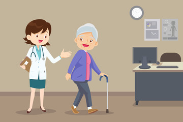 doctor helps her grandmother to go to the walker