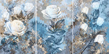 Collection Of Designer Oil Paintings. Decoration For The Interior. Modern Abstract Art On Canvas. Set Of Pictures With Different Textures And Colors. White Rose.