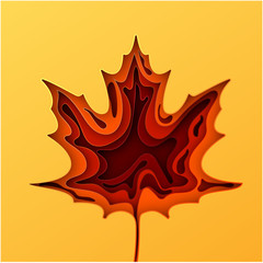 Wall Mural - Paper art cartoon abstract waves. Autumn paper carve background. The maple leaf which is cut out from paper. Modern origami design template. Vector illustration.
