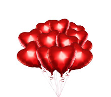 Set Of Air Balloons. Bunch Of Red Color Heart Shaped Foil Balloons Isolated On White Background. Love. Holiday Celebration. Valentine's Day Party Decoration.
