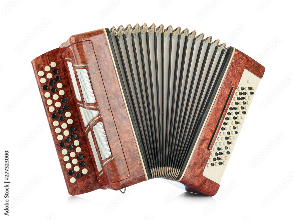 Brown accordion isolated on white background. File contains a path to isolation - obrazy, fototapety, plakaty 