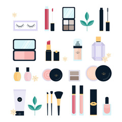 Wall Mural - Cosmetics set. Collection of makeup brush and lipstick