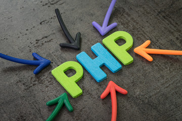 php modern programming language for software development or application concept, multi color arrows 