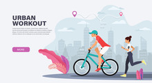 Urban Workout And Outdoor Activity Concept. Landing Page Design For Cycling, Running Training. Modern Vector Illustration For Websites