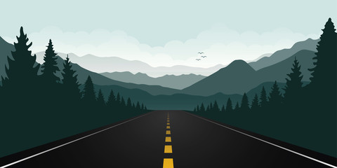 straigth road in the forest with green mountain landscape vector illustration eps10