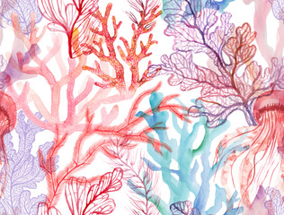 Watercolor corals. Seamless pattern with the underwater world